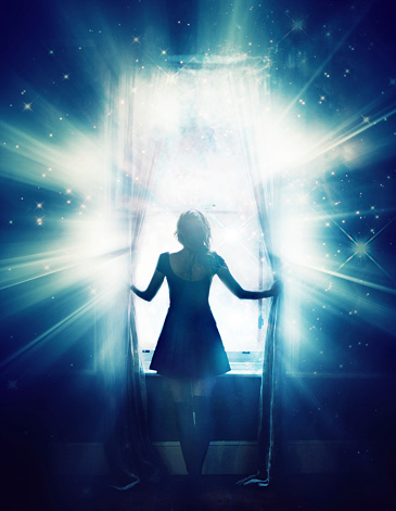 Illustration of a woman opening a window to brilliant glowing light