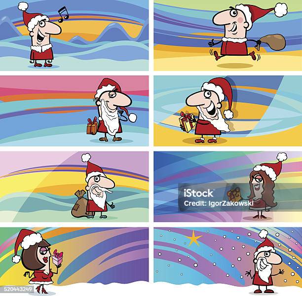 Cartoon Greeting Cards With Santa Claus Stock Illustration - Download Image Now - Adult, Backgrounds, Cartoon