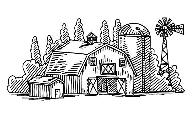 Barn Agriculture Building Drawing Hand-drawn vector drawing of a Barn Agriculture Building. Black-and-White sketch on a transparent background (.eps-file). Included files are EPS (v10) and Hi-Res JPG. wind turbine illustrations stock illustrations