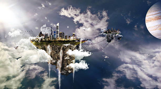 Floating through the cosmos Illustration of a city on rock floating through the solar system island city stock pictures, royalty-free photos & images