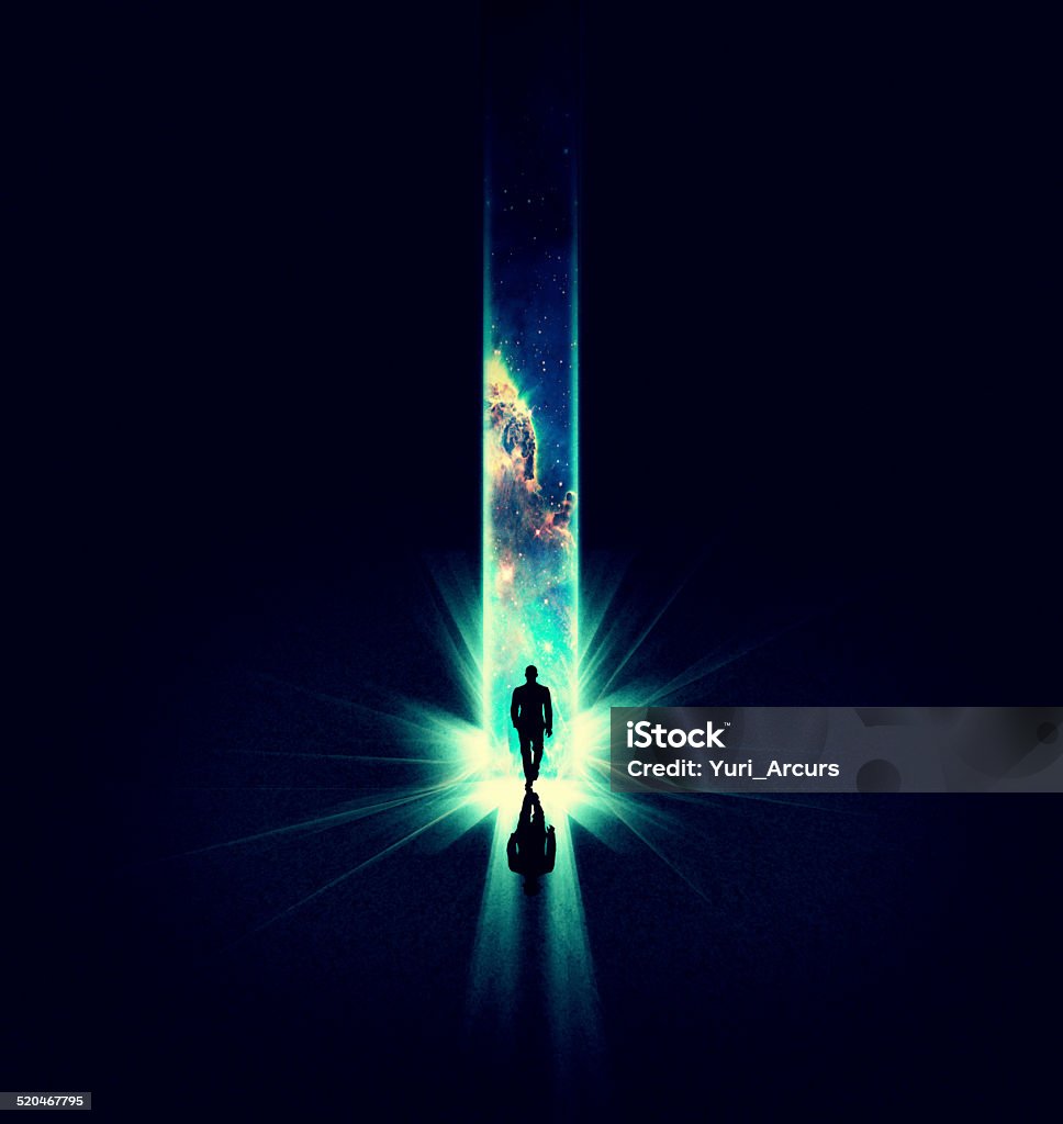 Step into the great beyond Illustration of a man walking into a beam of light overlaid with an image of the cosmos Outer Space Stock Photo