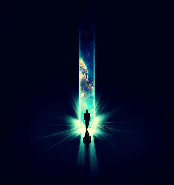 Illustration of a man walking into a beam of light overlaid with an image of the cosmos