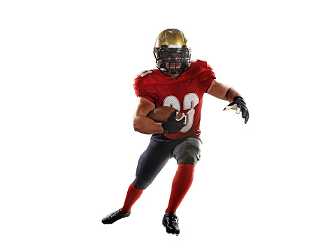 Isometric sport characters american football players . 3d rendering of Football players.