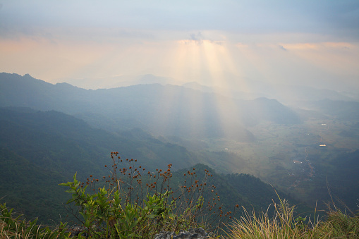 The beam of sun shining beautifully during the morning at Phu Chi FAH  National park ,Thoeng District,Chiang Rai Province in Thailand