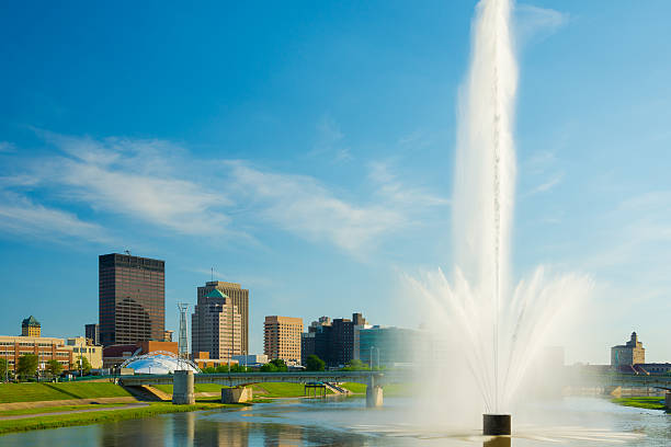 istock Dayton skyline and water fountain 520473479