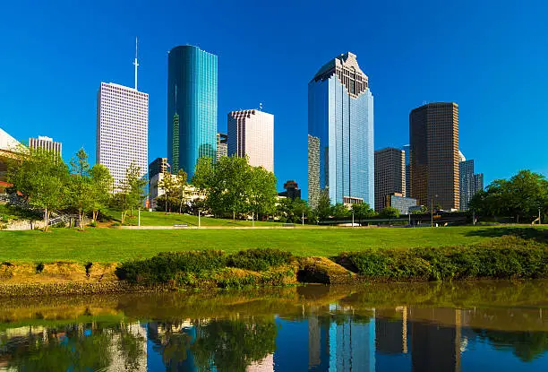 Photo of Houston skyscrapers with Buffalo Bayou river