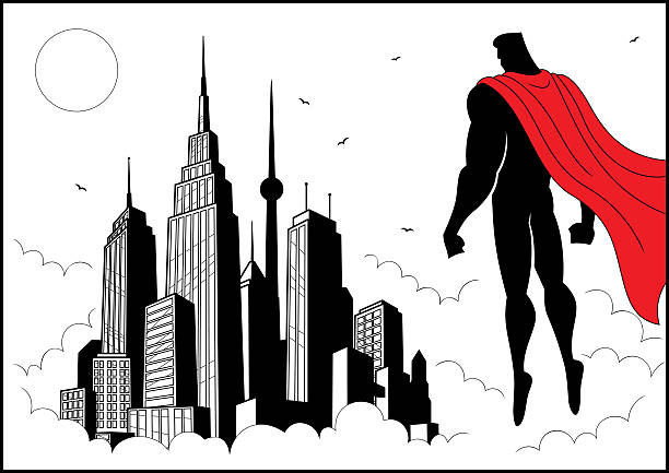 superheld uhr 4 - superhero comic book cityscape flying stock-grafiken, -clipart, -cartoons und -symbole