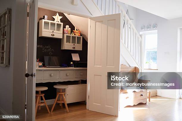 Under Stairs Home Office In Contemporary Family Home Stock Photo - Download Image Now
