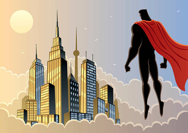 superheld uhr 5 - superhero comic book cityscape flying stock-grafiken, -clipart, -cartoons und -symbole