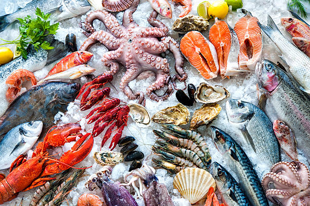 Seafood on ice Seafood on ice at the fish market salmon seafood stock pictures, royalty-free photos & images