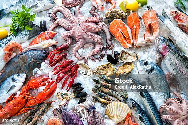 Seafood On Ice Stock Photo - Download Image Now - Seafood, Fish, Freshness