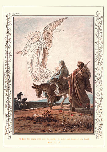 Victoria illustration from the Story of the Holy Child, by Paul Mohn. He took the young child and his mother by night and departed into Egypt. 1890