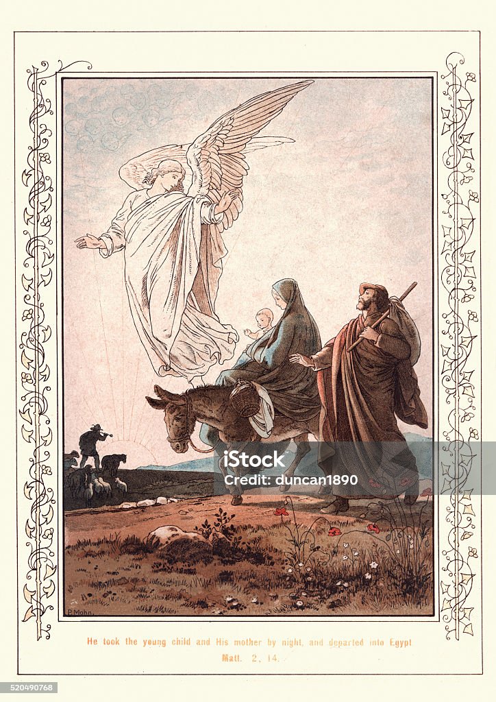 Mary and Joesph flee into Egypt Victoria illustration from the Story of the Holy Child, by Paul Mohn. He took the young child and his mother by night and departed into Egypt. 1890 Nativity Scene stock illustration