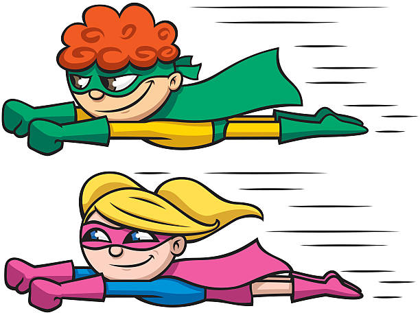 Super Kids Flying Illustration of super boy and super girl flying. superhero clip art stock illustrations