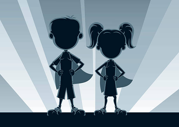 Superkids Silhouettes Boy and girl superheroes posing in front of light. Pigtails stock illustrations
