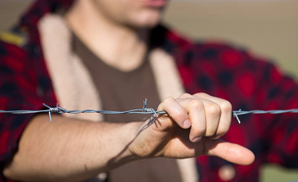 istock Man holding barbed wire fence 520495368