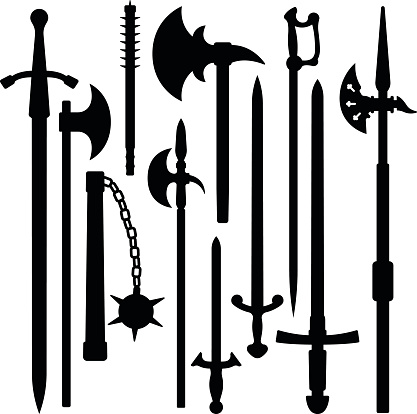 Medieval weaponry symbol silhouettes.