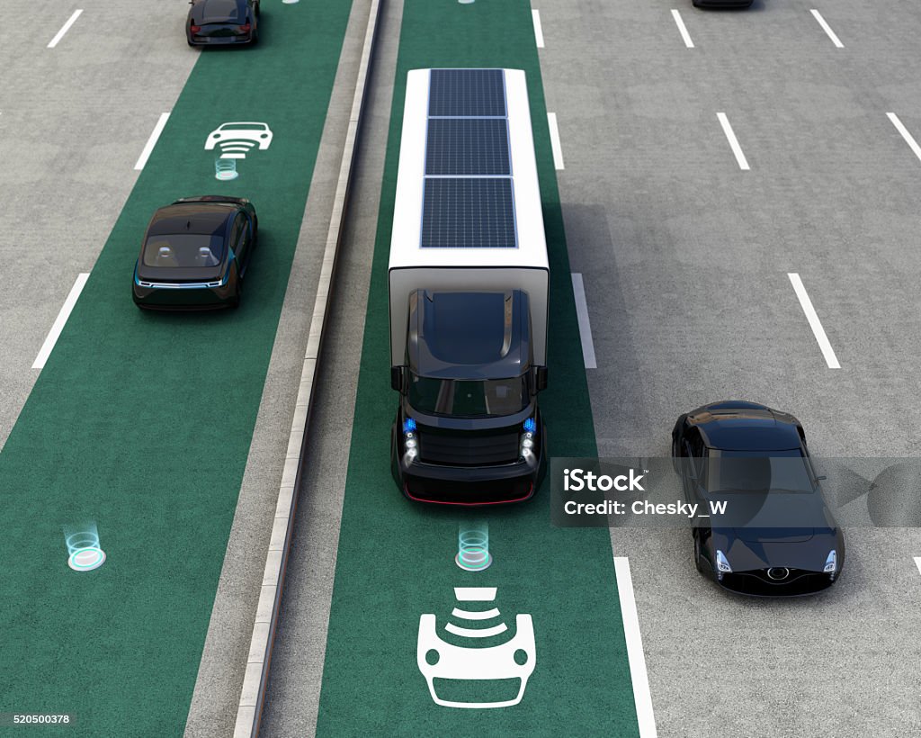 Hybrid truck and blue electric car Hybrid truck and blue electric car on wireless charging lane. 3D rendering image. Charging Stock Photo