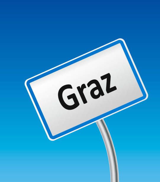 Beautiful pixel clipart Austrian city sign on gradient blue background. This image is part of an Austrian city sign series.