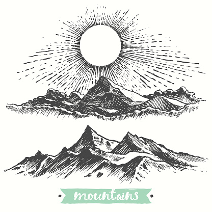 Sketch of a mountains, sunrise in mountains, engraving style, hand drawn vector illustration