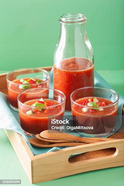Cold Gazpacho Tomato Soup In Glasses Stock Photo - Download Image Now - Gazpacho, Appetizer, Basil