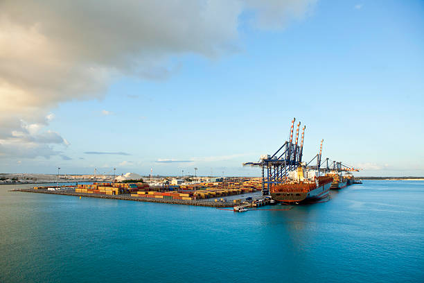 ships loading and unloading in grand bahama stock photo