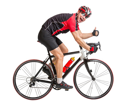 cheerful cyclist with winning gesture riding a bike isolated on white background