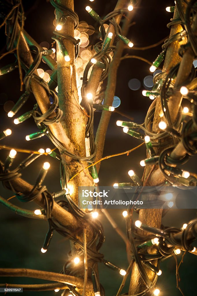 shot of tree decorated with lights at night Closeup shot of tree decorated with lights at night Christmas Lights Stock Photo