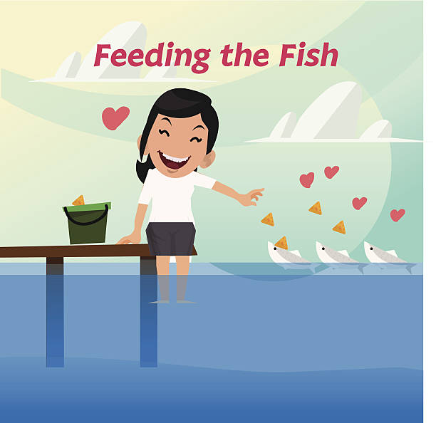 illustrazioni stock, clip art, cartoni animati e icone di tendenza di sorridente signora sono nutrire i pesci-illustrazione vettoriale - fish tank