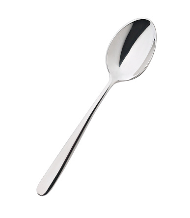 Metal spoon isolated on white background, top view