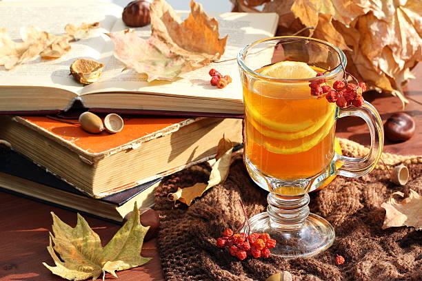 istock Still life with hot tea in autumn decoration 520538177