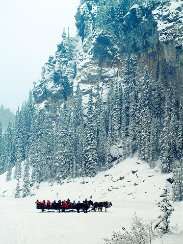 Tourists enjoying a horse drawn sleigh ride along the lakeside trail of Lake Louise in Banff National Park. Picture was taken at the end of the trail.