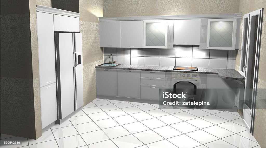 3d Render Interior Design White Kitchen Stock Photo - Download Image ...