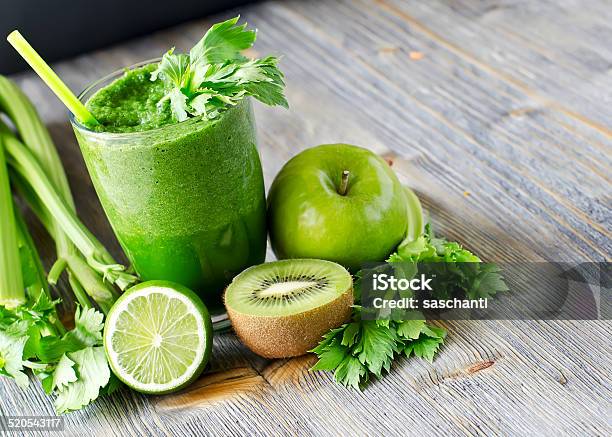 Healthy Green Smoothie Beverage With Spinach And Celery Stock Photo - Download Image Now