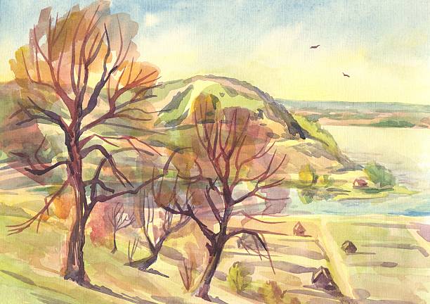 istock Spring landscape, trees on the slope. Watercolor painting 520547864
