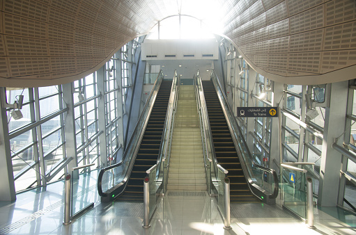 Underground escalators Metro Station Interior, Dubai, United Arab Emirates, UAE, Middle East