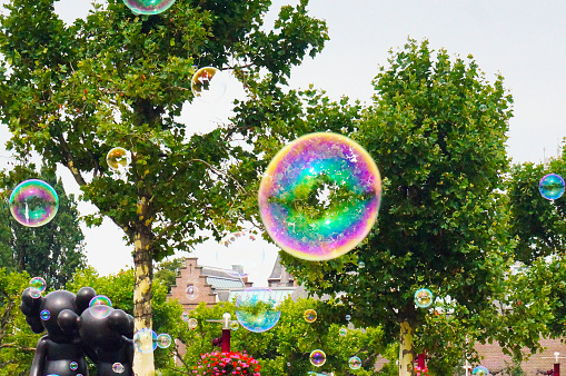 A soap bubble in a park reflecting spectrum