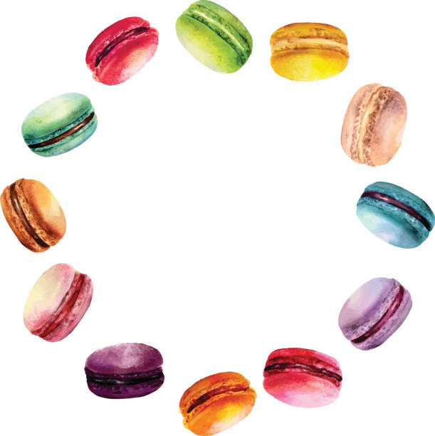 Watercolor Macaron Round Frame Watercolor round frame with different tastes colored macarons. macaroon stock illustrations