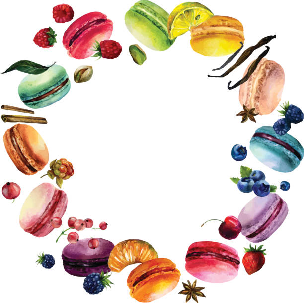 ilustrações, clipart, desenhos animados e ícones de aquarela macaron redondo quadro - macaroon french culture dessert food