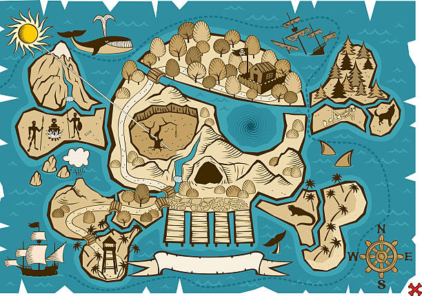 Treasure Map Map of treasure island in the shape of skull and bones. Use the X in the lower right corner to mark the place of the treasure. map treasure map old pirate stock illustrations