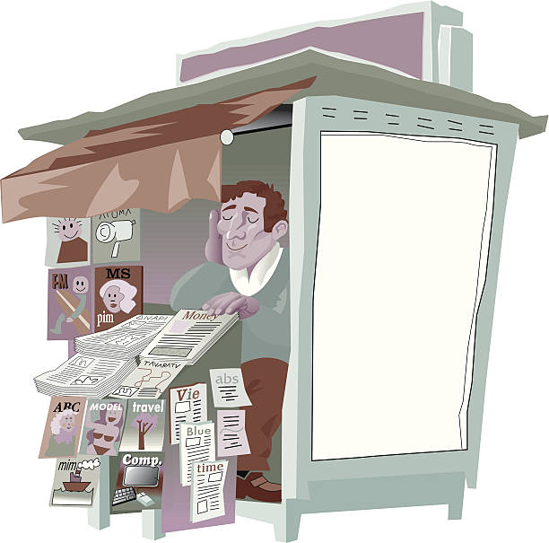 Newspaper Kiosk Seller Vector Illustratio of an Newspaper and Magazine Kiosk Seller newspaper seller stock illustrations