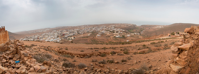 Panorama of Mirleft, which is a small town and rural commune in Tiznit Province, Morocco.