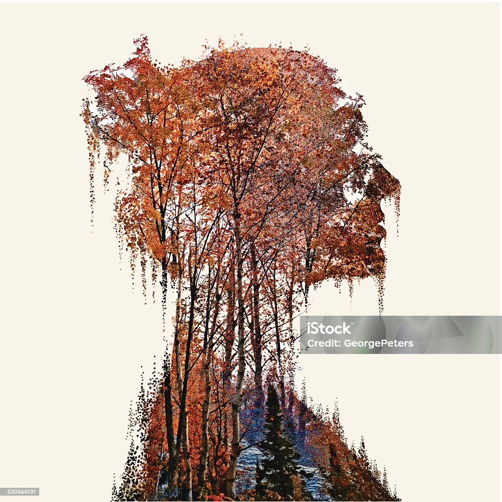 Woman And Nature Mezzotint montage of a woman's profile with forest and river. Women stock vector