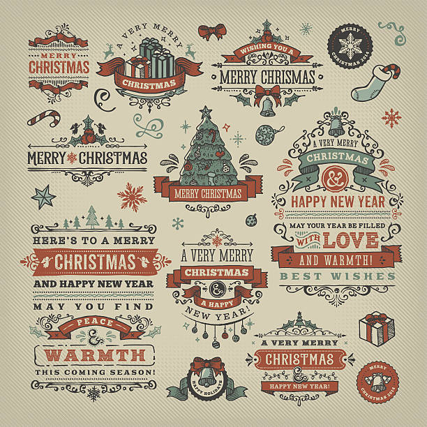 ilustrações, clipart, desenhos animados e ícones de mão desenhadas natal & etiquetas e emblemas - christmas season christmas tree nostalgia