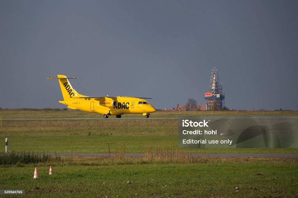 ADAC Air ambulance Nuremberg, Germany - October 28, 2014:  An ADAC air ambulance Jet, Dornier Do 328-300, before taking off at Airport in Nuremberg. The air ambulance jets are used by the ADAC to rescue their members or customers who have an ADAC international travel insurance policy from any location worldwide in the case of accident or extreme sickness. Accidents and Disasters Stock Photo