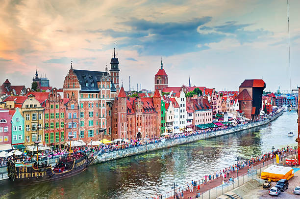 Top view on Gdansk old town and Motlawa river Top view on Gdansk old town and Motlawa river, Poland at sunset. Also known as Danzig and the city of amber. gdansk photos stock pictures, royalty-free photos & images
