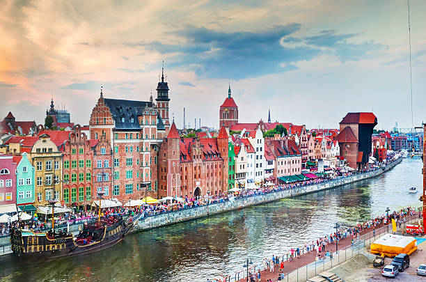 top view on gdansk old town and motlawa river - gdansk stok fotoğraflar ve resimler