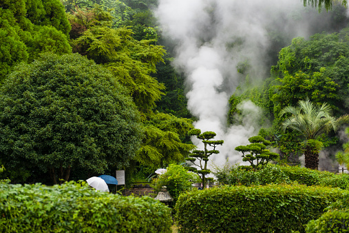 Kamado Jigoku in Beppu is park full of hot springs and other vulcanic sceneri, full of green trees. 