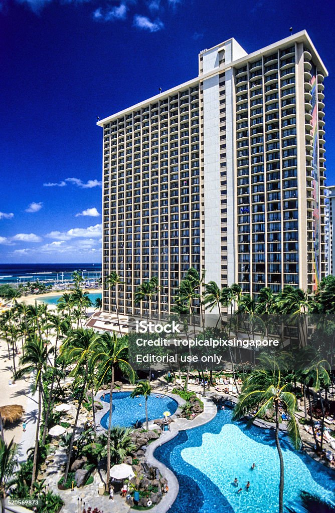 The Hilton Hawaiian Village in Waikiki Honolulu, Hawaii, USA – December 7, 2001: The Rainbow Tower at the Hilton Hawaiian Village in Waikiki. The resort has been in continuous operation since 1957. Architecture Stock Photo