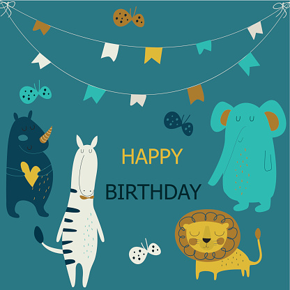 Birthday card with cute zebra, rhino, lion and elephant in cartoon style